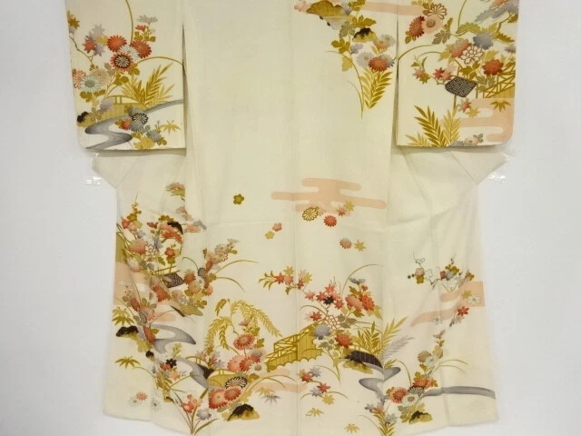 40267# Japanese Kimono / Antique Kimono / Floral Plants & Stream