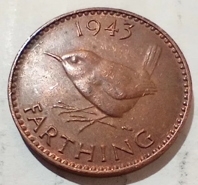 1943 UK Great Britain Farthing Wren Bird Coin King George VI WWII 1/4 Penny