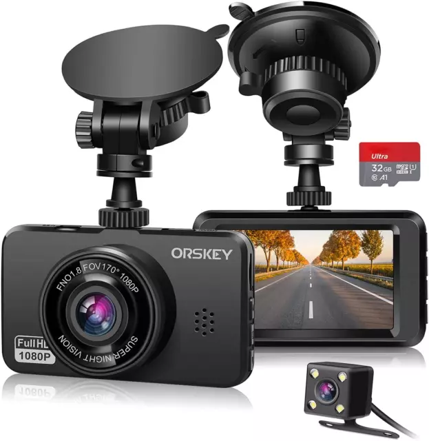 ORSKEY Dash Cam Doppia Telecamera per Auto E Scheda 32GB SD Inclusa 1080P Full H