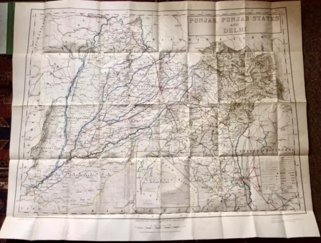 RARE 1933 MAP Of INDIA Punjab Punjab States & Delhi LARGE SIZE & COLOURED