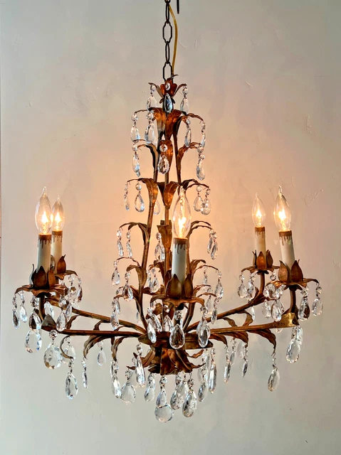 Vintage Italian French Gilt Tole Basket Chandelier 6 Arm 116 Crystal Prisms