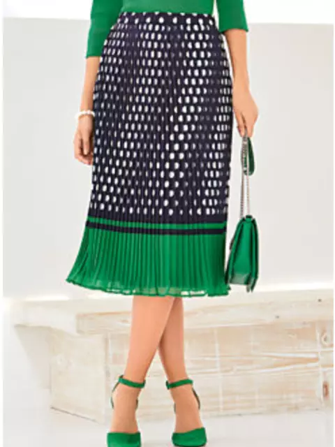 Kaleidoscope Size 8 Petite Navy Green Spot Print Pleated SKIRT Spring Summer £45