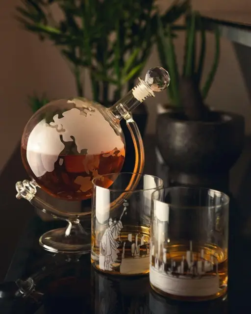 Glass Globe Decanter Kitchen Drinks Holder Whisky Brandy Tumblers Glasses World