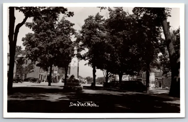 Dexter Michigan~Monument On Square~Business Through Trees RPPC 1940s Postcard