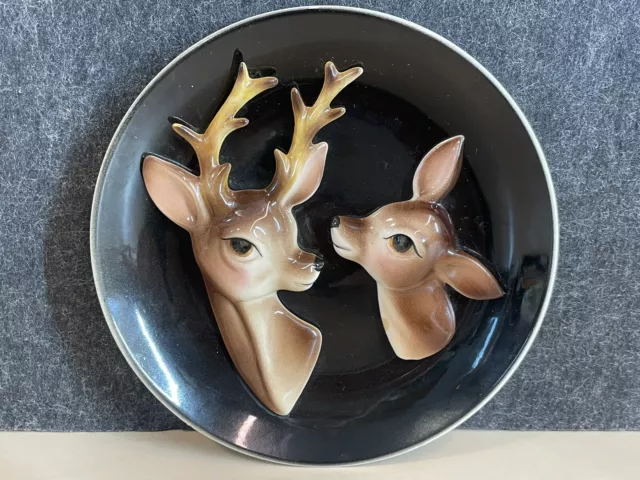 Vintage Mid Century Japanese Ceramic 3D Deer Wall Plate Hanging 1950s Kitsch ESD