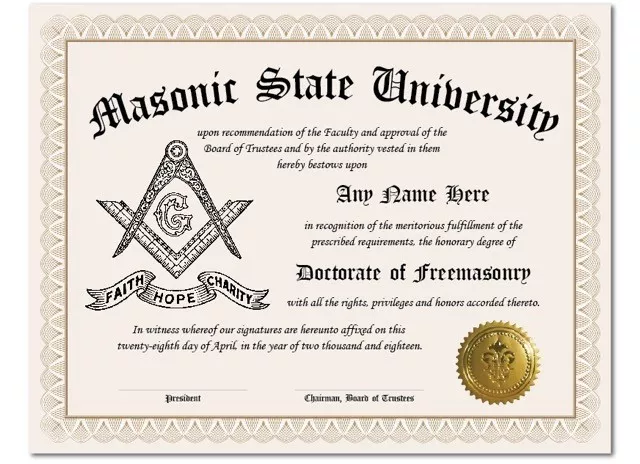 Masonic State University Freemason Personalized Diploma w/Gold Seal Novelty Gift