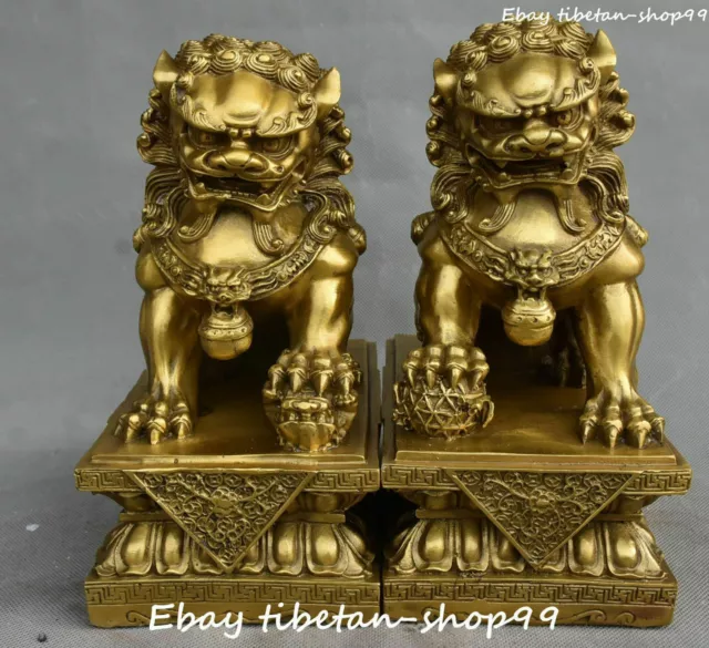 10" Chinese Pure Bronze Foo Fu Dog Guardion Lion Leo Ball Kid Animal Pair Statue