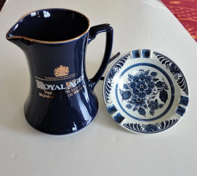 2 Vtg Blue Blauw Delfts Holland Ashtray & Blue Wade Royal Ages Whiskey Pitcher