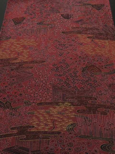 2F03z100 Japanese Kimono Crepe Silk  FABRIC Red-Brown Palace garden 63"