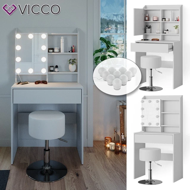 Vicco coiffeuse Ania, Blanc, 80 cm avec éclairage LED et tabouret