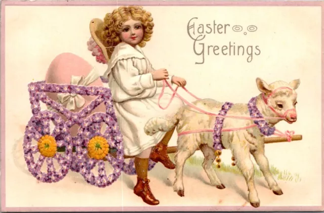 Antique Postcard Easter Greetings Victorian Girl Lamb Floral Cart Egg c1910