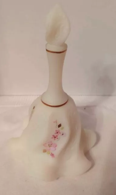 Vintage Fenton Milk Satin Glass Bell Hand Painted Signed Floral Ruffled Edge