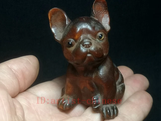 Japanese boxwood hand carved lovely dog Figure statue netsuke collectable Gift