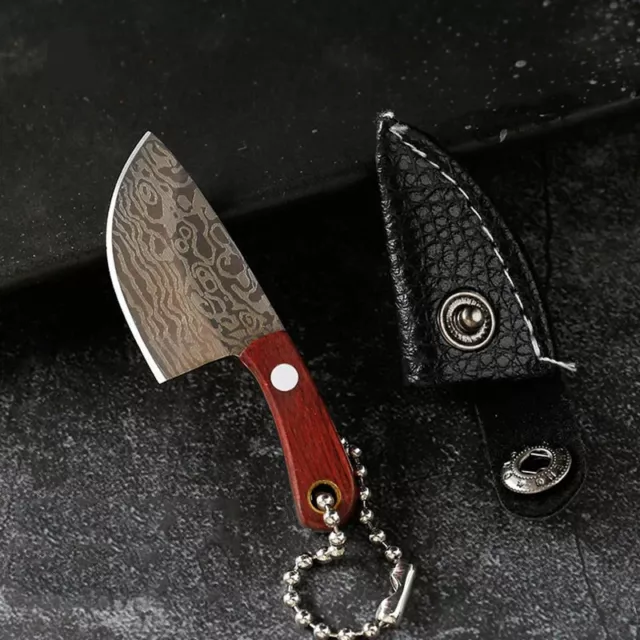 Mini couteau à manche en bois, lame courbe en acier inoxydable gravé style Damas