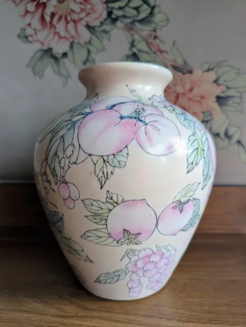 Vintage 1970's/1980's Peach Fruit And Dragonfly Hand Painted Chinese Vase