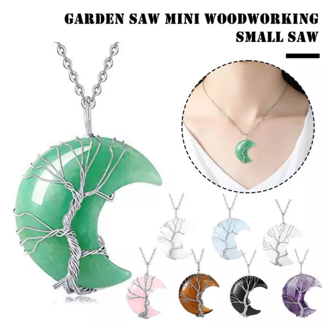 Natural Chakra Healing Crystal Necklace Tree of Life Pendant Stone Crescent O7J6
