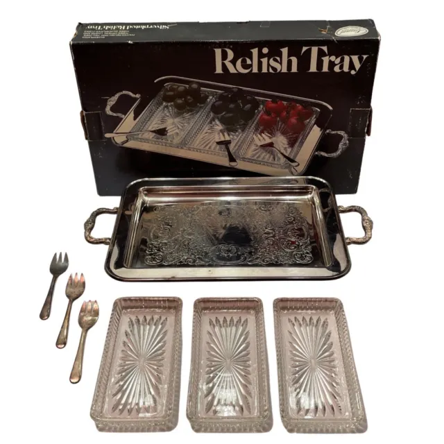 Vintage Leonard Silver Plated Footed Serving Tray Relish Platter Floral Etched 