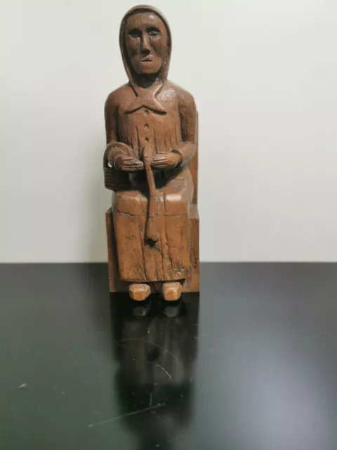 Antique Primitive 19c Old Woman Sitting Wooden Figurine Hand Carved Wood Art