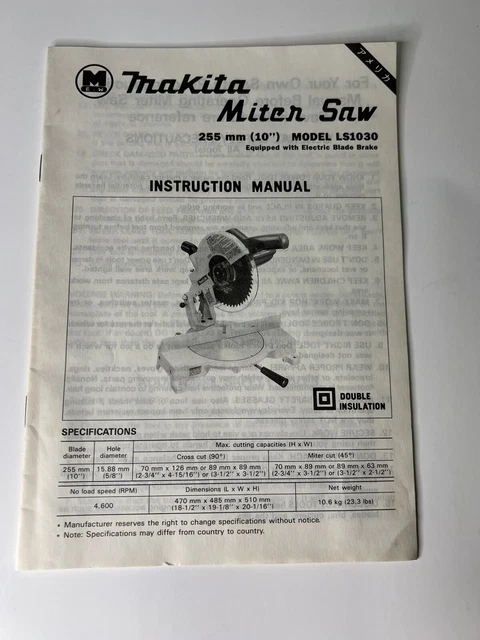 Makita Miter Saw Ls1030 Instruction Manual & Parts List