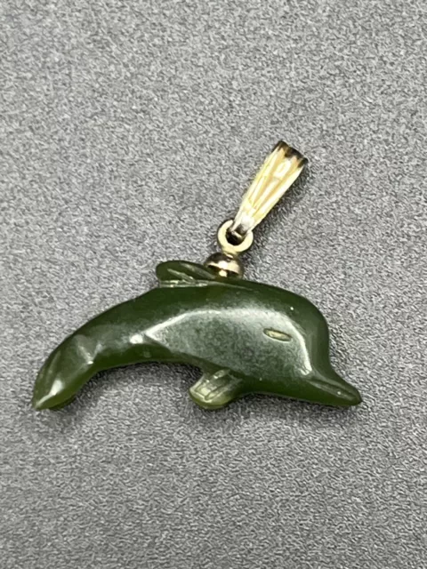 Vintage Dolphin Pendant Necklace Jade? Beautiful Dangle Gold Toned