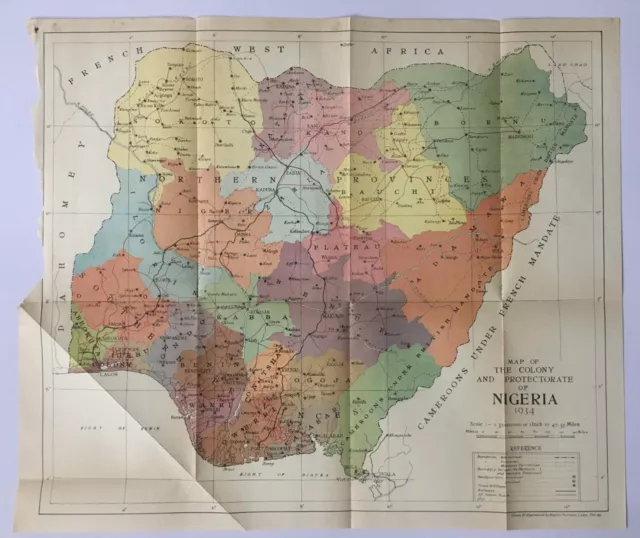 1934 Map of The Colony and Protectorate of Nigeria.  19.50in x 16.50in