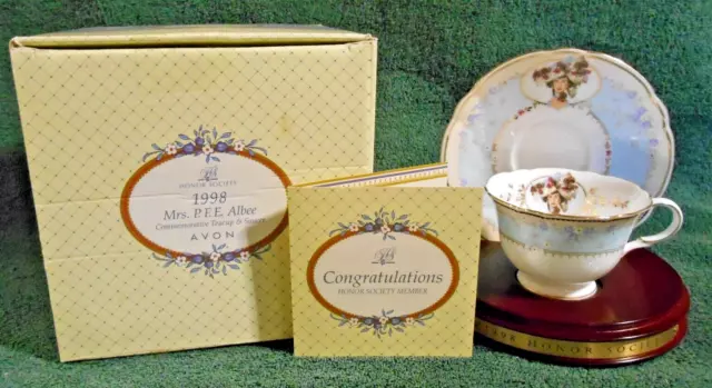 1998 Avon Honor Society Award Mrs. P.F.E. Albee Teacup & Saucer with Stand & Box