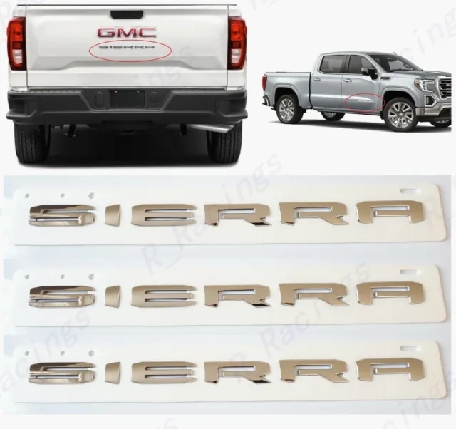 3PC Chrome Door Rear 2019+ UP GMC SIERRA LETTER EMBLEM 1500 2500 3500 AT4 DENALI