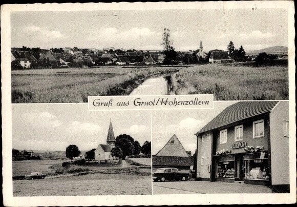 Ak Gruol Haigerloch im Zollernalbkreis, Panorama, Kirche, Geschäft - 3411488