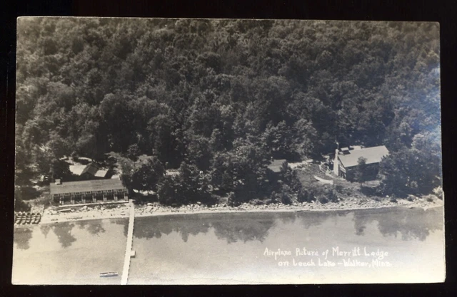 WALKER MN Minnesota c1930-40 RP Merritt Lodge Airplane View