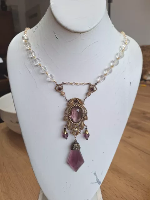 Vtg Czech Art Nouveau Revival Snake Flowers Amethyst Glass Necklace