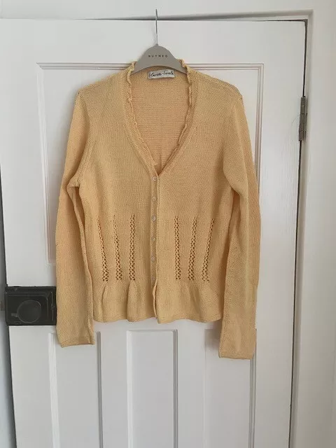 Marion Foale yellow crochet cardigan, V-Neck, frill neckline and hem, BNWOT
