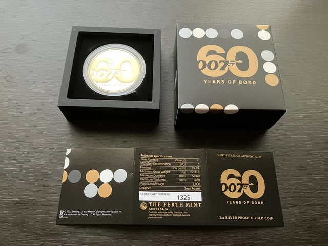 2022 Tuvalu 60 Years of 007 James Bond 2oz Silver Proof Gilded Coin  BRAND NEW