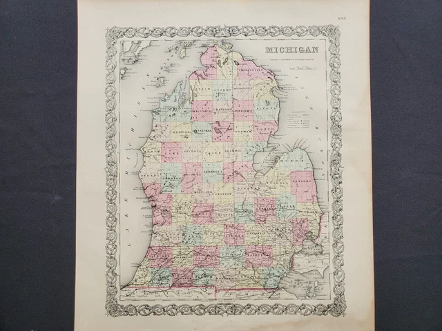 1855 Colton Map - Michigan - 100% Genuine Antique