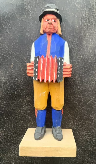 Hand Carved Wood Figure Accordion Sweden 6” Signed Musician Handmade Statue Vtg