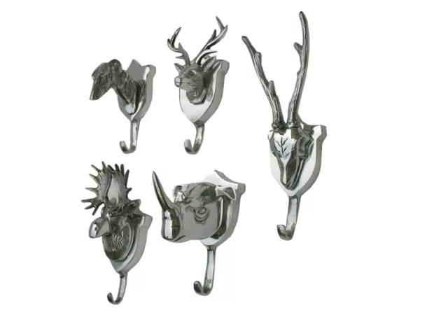 Metal Wall Coat Hooks Set of 5 Animal Heads Moose Deer Greyhound Skull & Rhino
