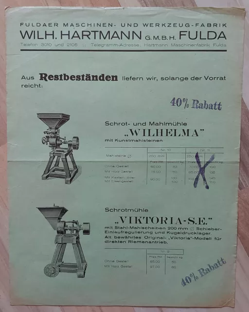 Wilh. Hartmann Fulda Fuldaer Maschinenfabrik Werkzeuge Schrotmühle Mahlmühle RM