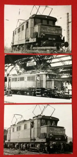 3 x Foto Eisenbahn um 1980 E-Lok E44 136 am Bahnhof Leipzig 5. Parteitag  ( 3614