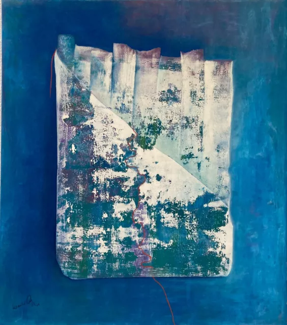 Abstrakte Komposition Roter Faden auf Weiss und Blau Gouache Monika Tege 120 cm
