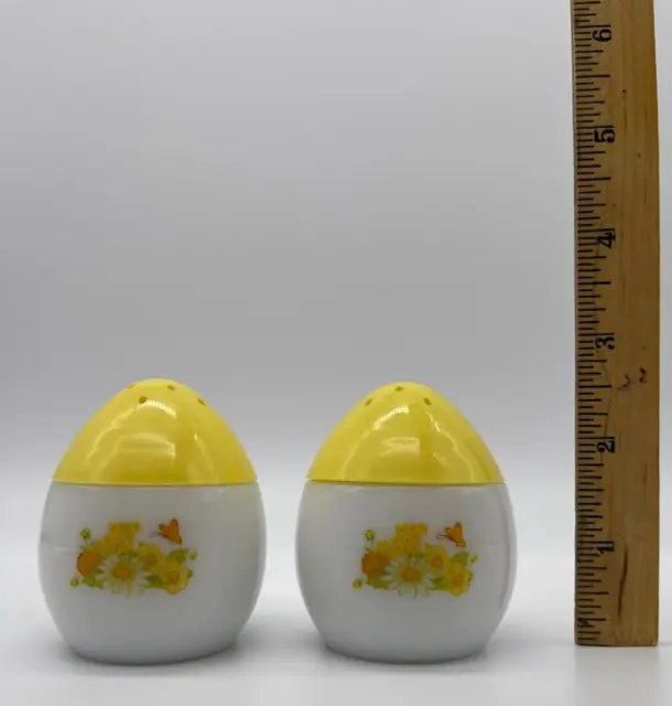 Vintage AVON Glass Egg Salt & Pepper Shakers White Yellow Butterfly Flowers-A11