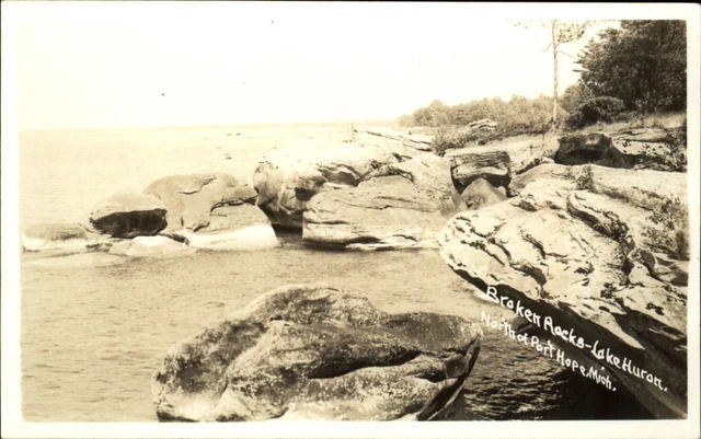 RPPC Port Hope Michigan Broken Rocks Lake Huron 1930-50s real photo postcard