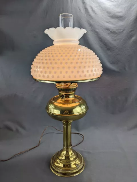 Antique Brass GWTW Banquet Oil Lamp Electrified Hobnail Glass Shade