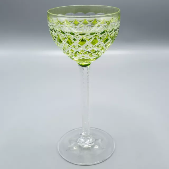 Val St Lambert Chartreuse Green Cut to Clear Rhine Wine Goblet Glass 7 1/2"