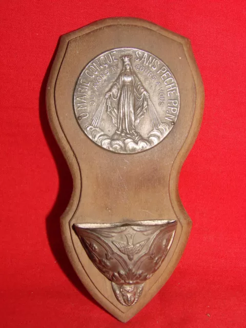 Antiguo Pila de Agua Bendita de Madera Y Regulable Virgen María / Old Stoup