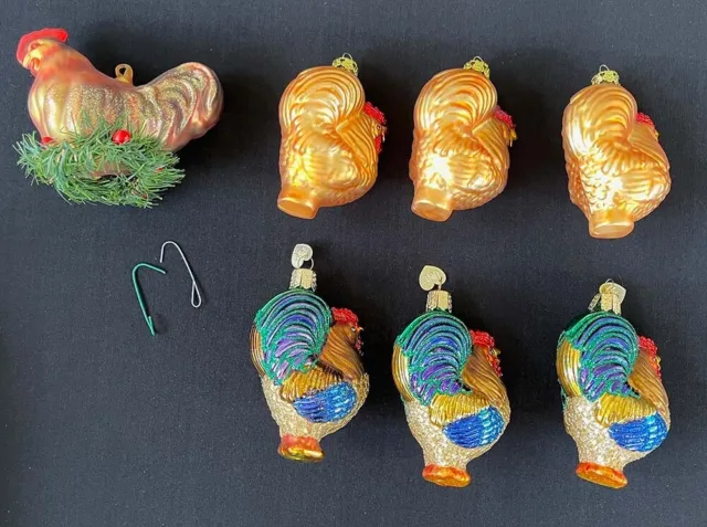 Lot of 7 Rooster Hen Chicken Blown Glass Mix Ornaments Old World Christmas OWC +