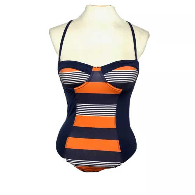 Tart XS Swimsuit One Piece Navy Blue Orange Stripe Halter Underwire Cups Swim