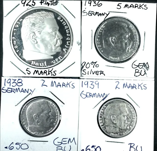 4 Silver Coins Germany WW2 Third Reich 5 & 2 Reichsmark 1938B 1938J 1939A 1936A