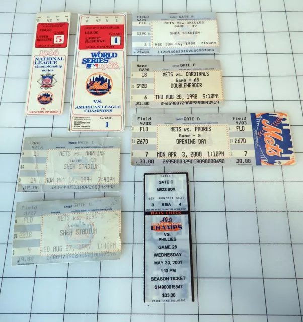 New York Mets individual games, seasons 1986 through 2001 ticket stubs, lot of 8