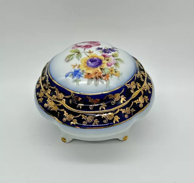 Vintage Floral German Porcelain Jewelry Trinket box 1960s Martinroda Gold Trim