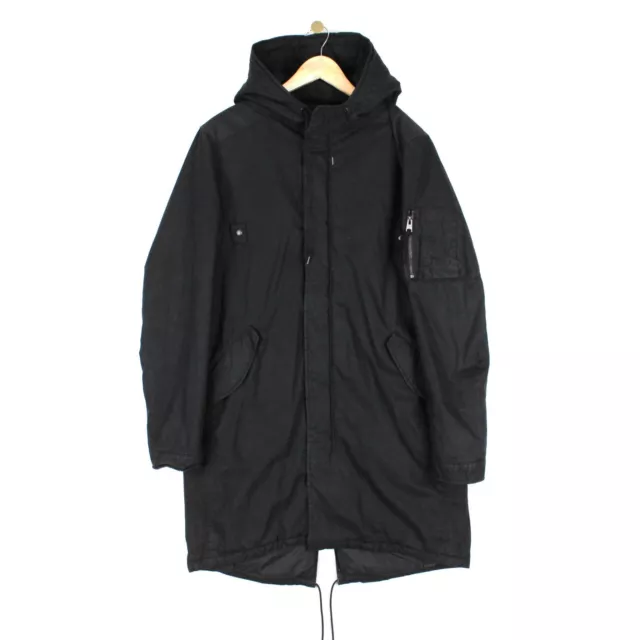 AllSaints Leyden Parka Coat Black Insulated Hooded Waxed Cotton Mens Size S