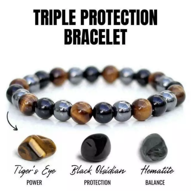 Unisex Obsidian Tiger Eye Hematite Bracelet Triple Protection Stone♻